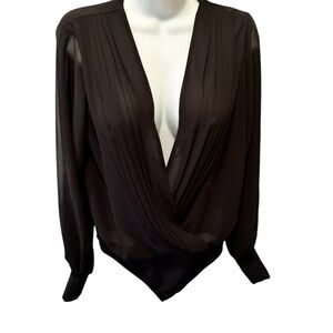 Express Plunging Chiffon Draped Black Bodysuit S Sheer Ballon Sleeve Sexy
